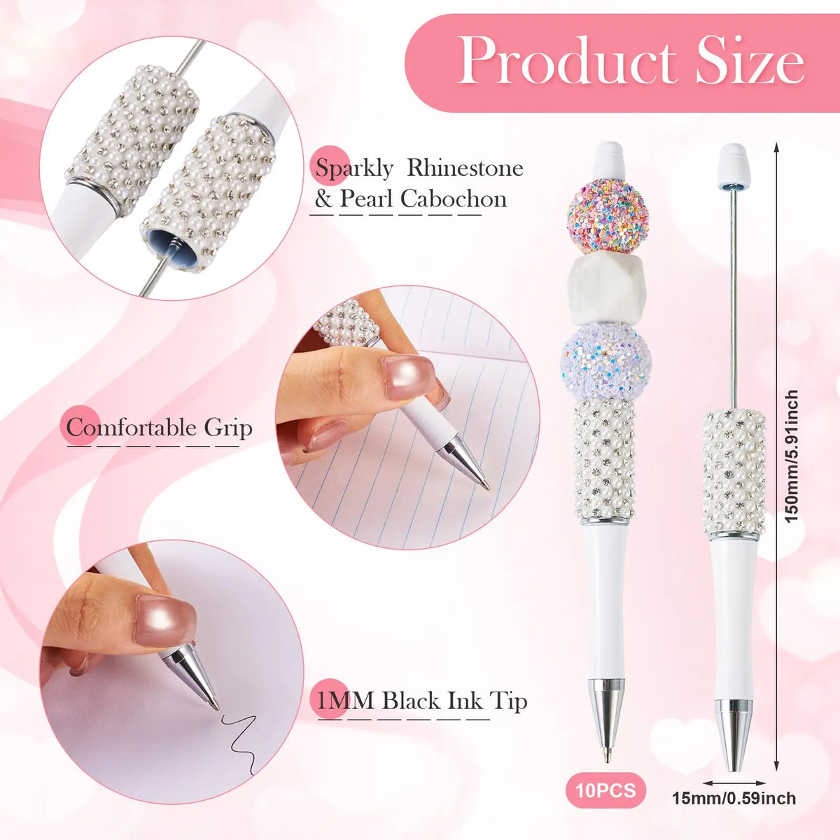 A set of 10 pearl and rhinestone ballpoint pens with a comfortable grip and black ink tips for DIY crafting