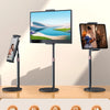 A universal desktop monitor stand shown with multiple monitor setups demonstrating 360 degree rotation, height adjustment, st