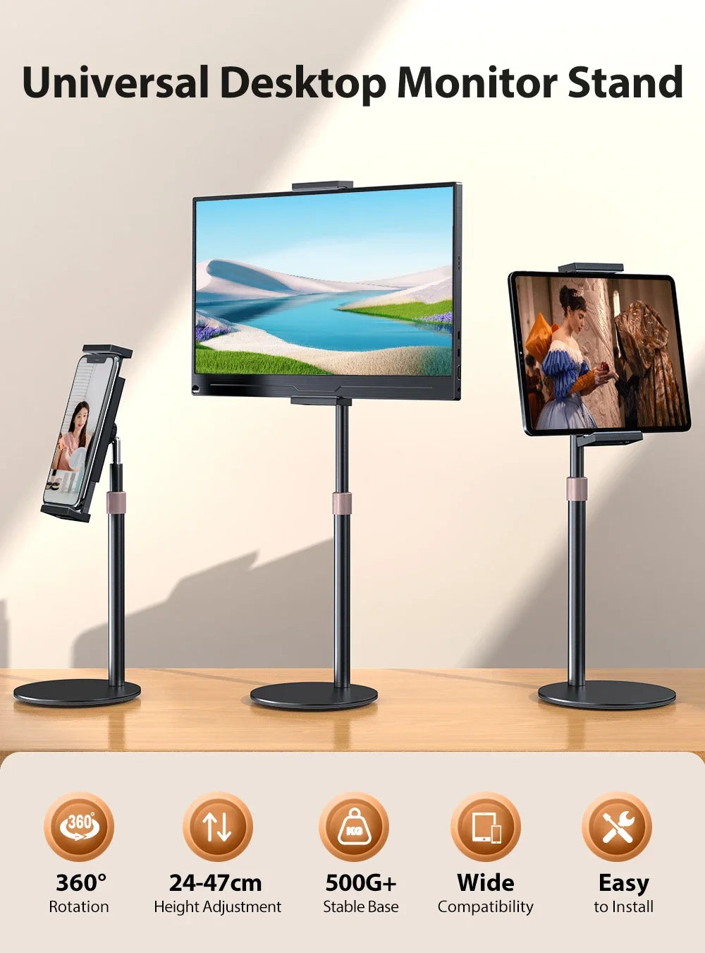 A universal desktop monitor stand shown with multiple monitor setups demonstrating 360 degree rotation, height adjustment, st