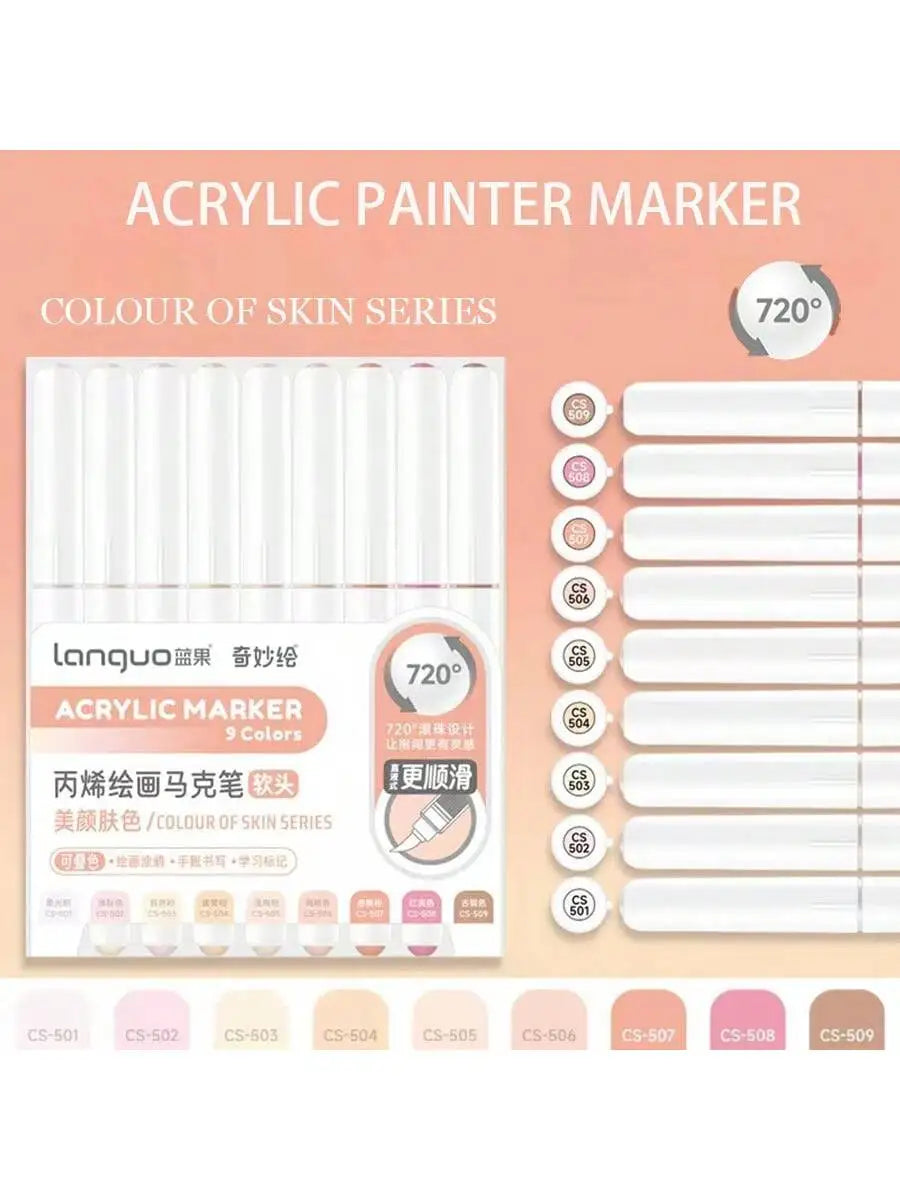 Acrylic paint marker set with nine colors for skin series drawing and art