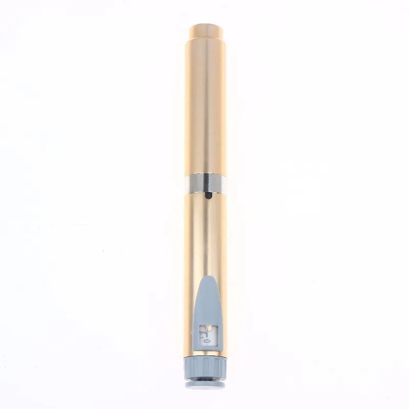 A reusable peptide beauty injector pen in gold and silver is shown vertically.