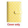 Yellow PU leather binder cover with white polka dots and a clear plastic pocket.