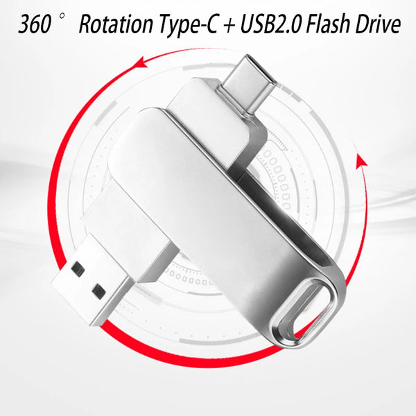 Clé USB métallique argent avec connecteur Type-C et adaptateur USB 2.0, vue en rotation à 360 degrés.