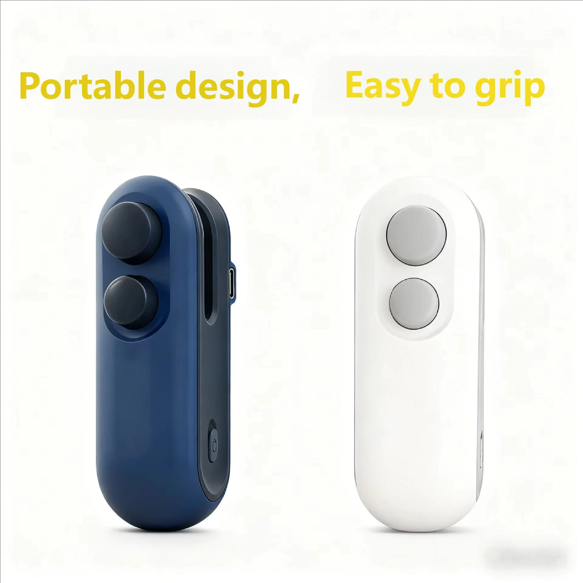 A blue and white handheld USB rechargeable heat sealer bag with two round buttons.