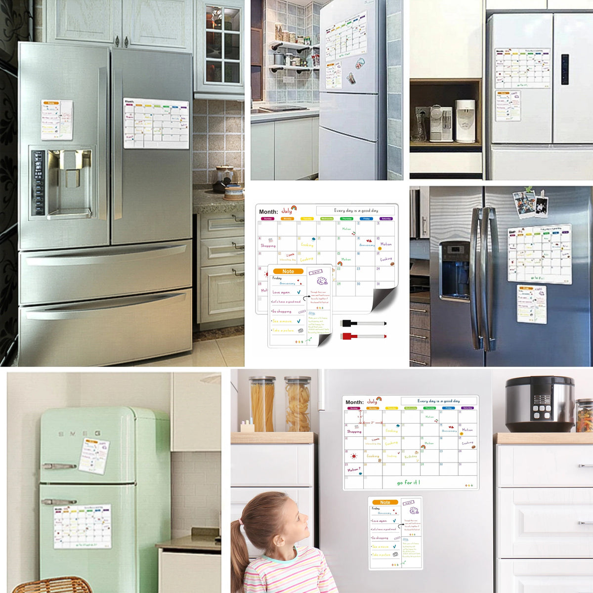 A collection of magnetic dry erase planner boards and kitchen appliances, including a refrigerator and toaster.