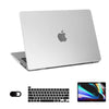 A white laptop is shown alongside its protective hard shell case and a separate keyboard.