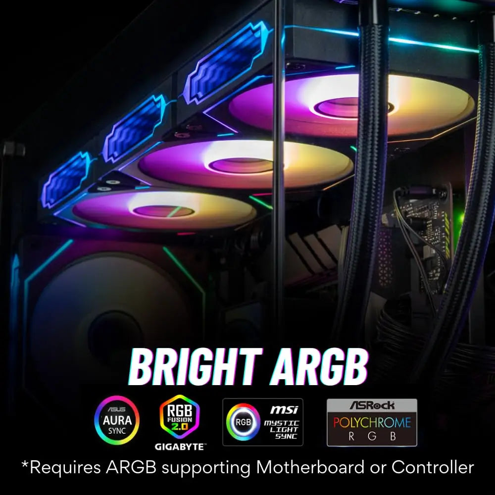 A close-up view of a computer case interior featuring bright multicolored ARGB lighting on cooling fans.