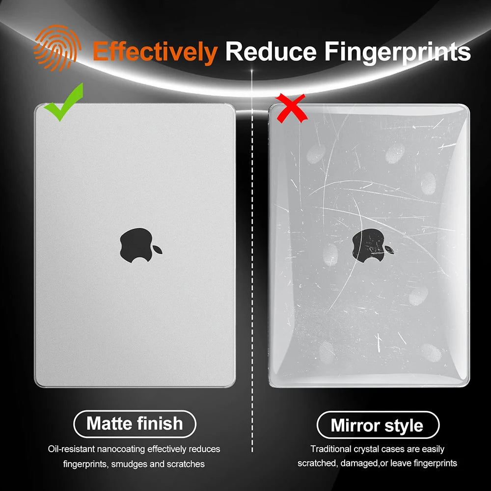 A matte finish protective case for a MacBook, demonstrating effective fingerprint reduction.