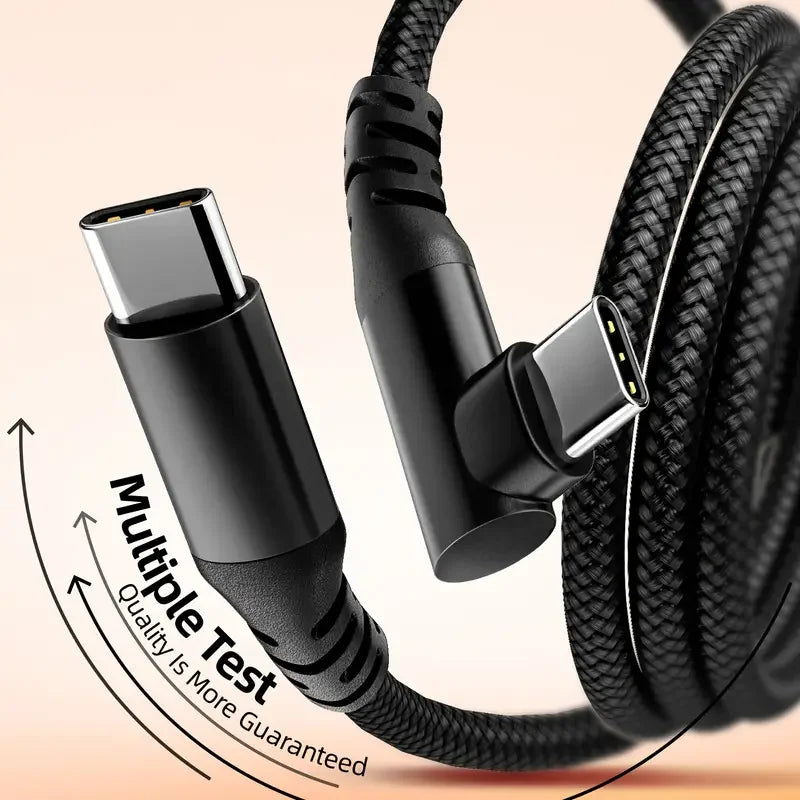 A close-up of a black braided USB-C cable with a connector and a quality test mark.