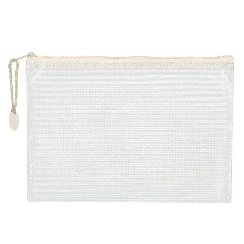 White mesh zipper bag with a gold-colored tassel for classroom or organization use
