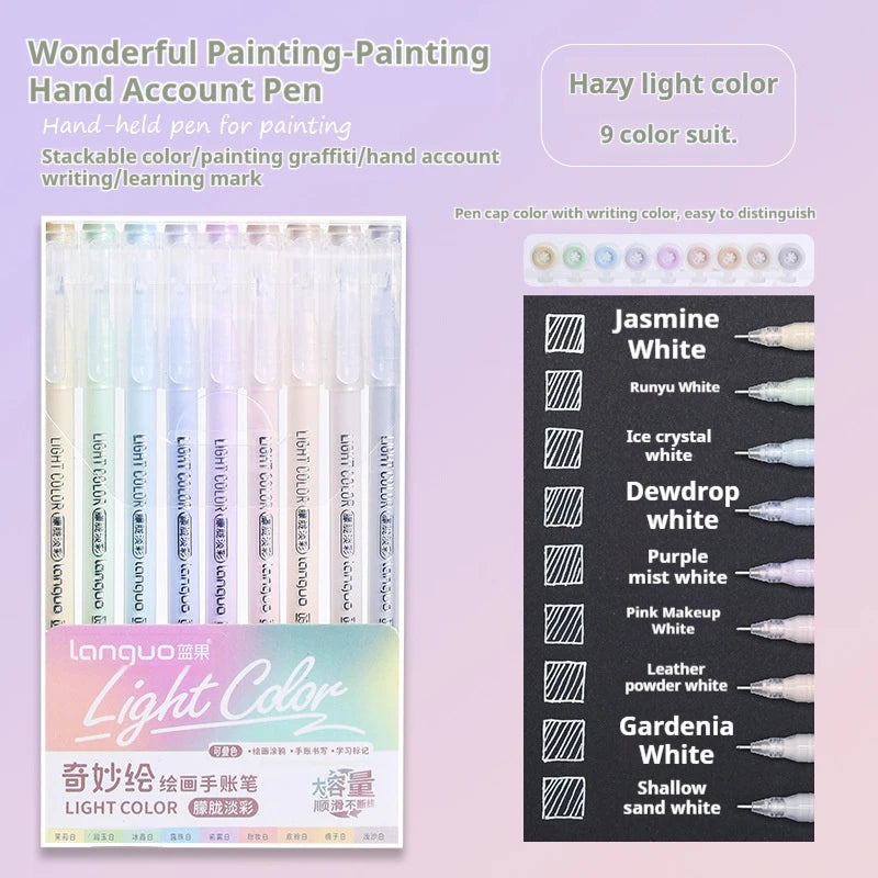 A set of 9 light color hand account pens in various shades including Jasmine White, Dewdrop White, and Gardenia White.