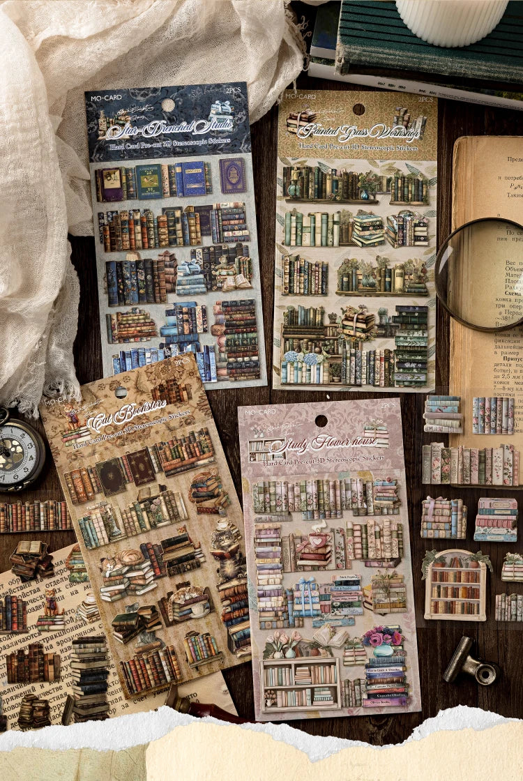 A collection of retro 3D relief book gallery stickers and scrapbook elements featuring various books and decorative items.
