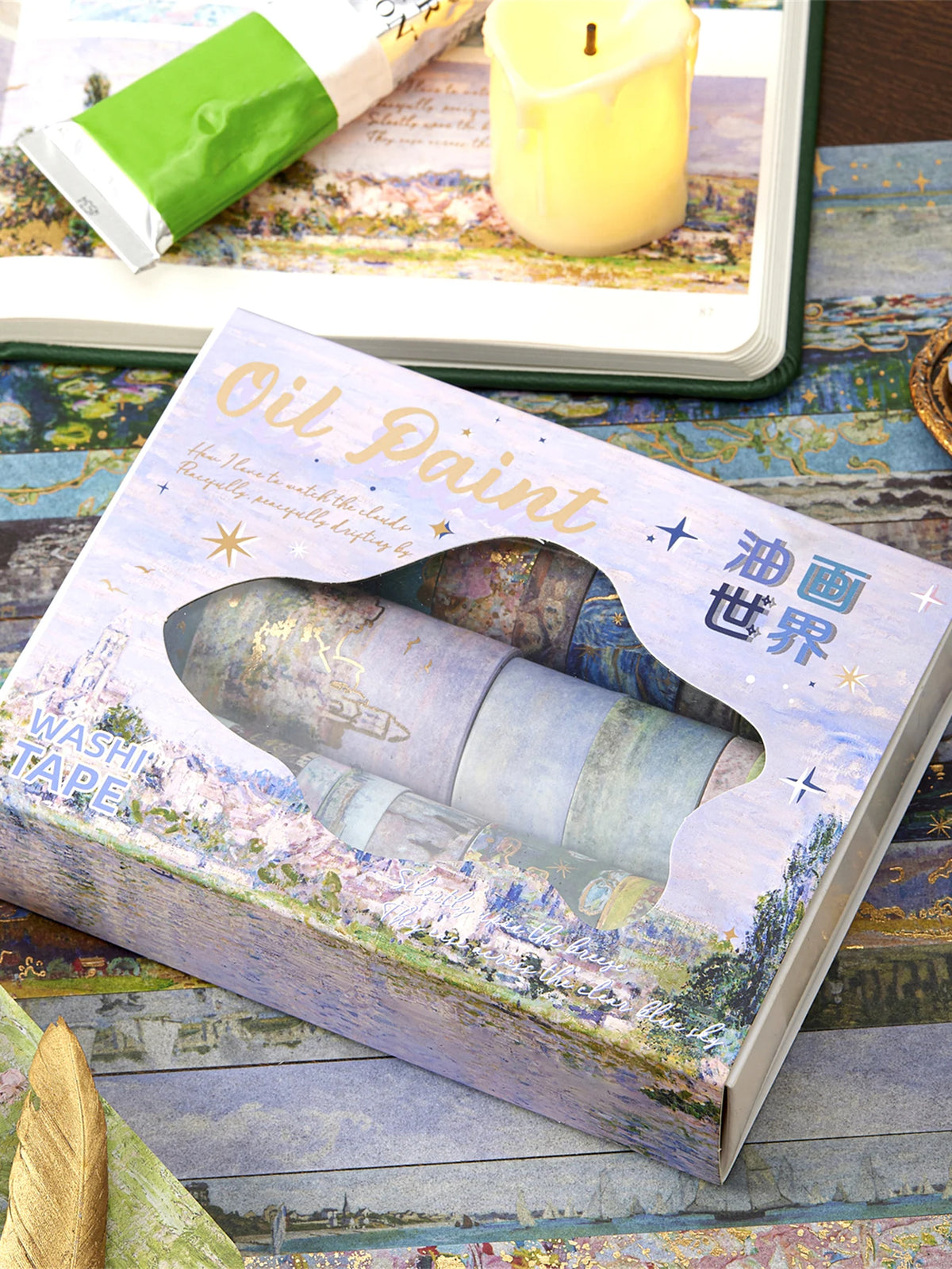 A box of oil paint with a decorative wooden-look lid and an oval cutout showing the paint inside.