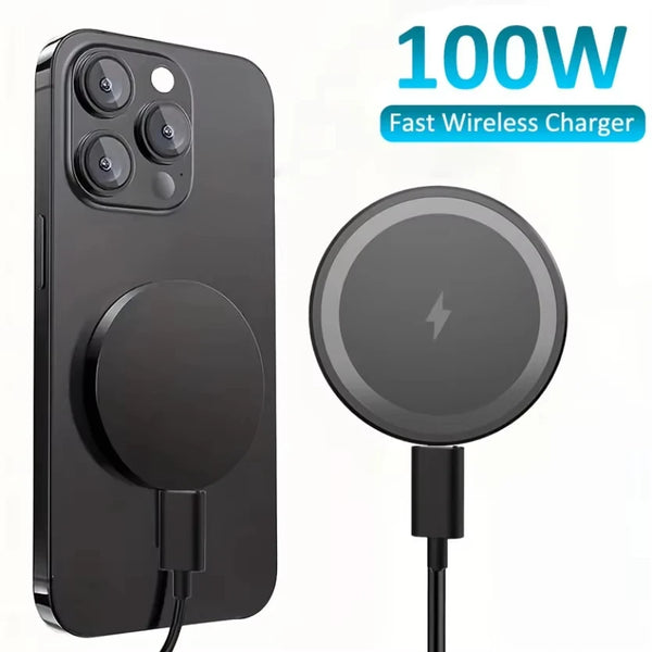 A black magnetic wireless charging pad for iPhone and AirPods with a charging cable.