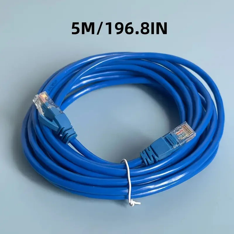 Blue 5 meter Ethernet patch cable coiled on a light gray surface.