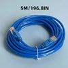 Blue 5 meter Ethernet patch cable coiled on a light gray surface.