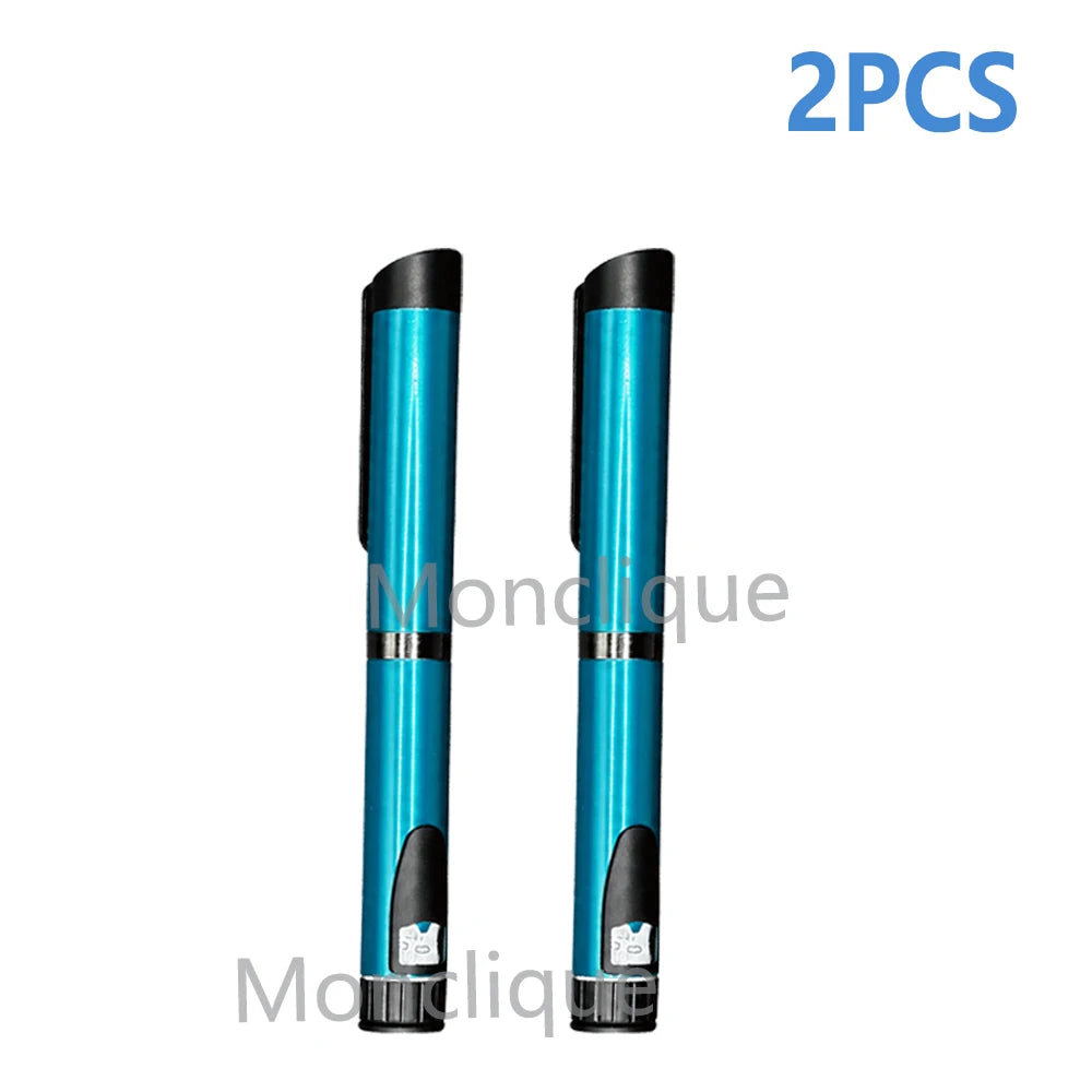 Two blue metal injection pens standing vertically against a white background.