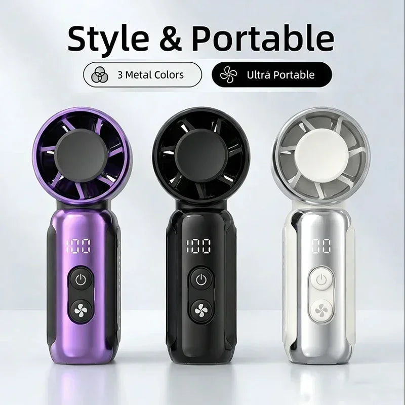 Three versions of a portable USB rechargeable mini fan in purple, black, and silver finishes.