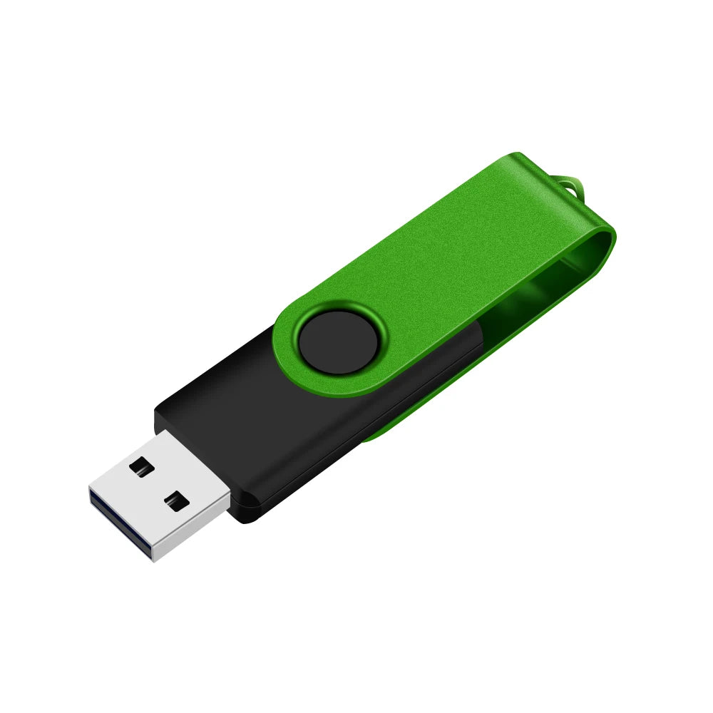 A green, rotatable USB flash drive with a black metal connector.