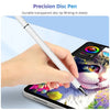 A hand holds a white precision disc pen writing on a tablet screen featuring a cat illustration.