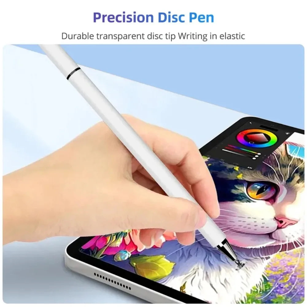A hand holds a white precision disc pen writing on a tablet screen featuring a cat illustration.