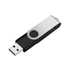 A silver and black rotatable USB flash drive with a metal connector.