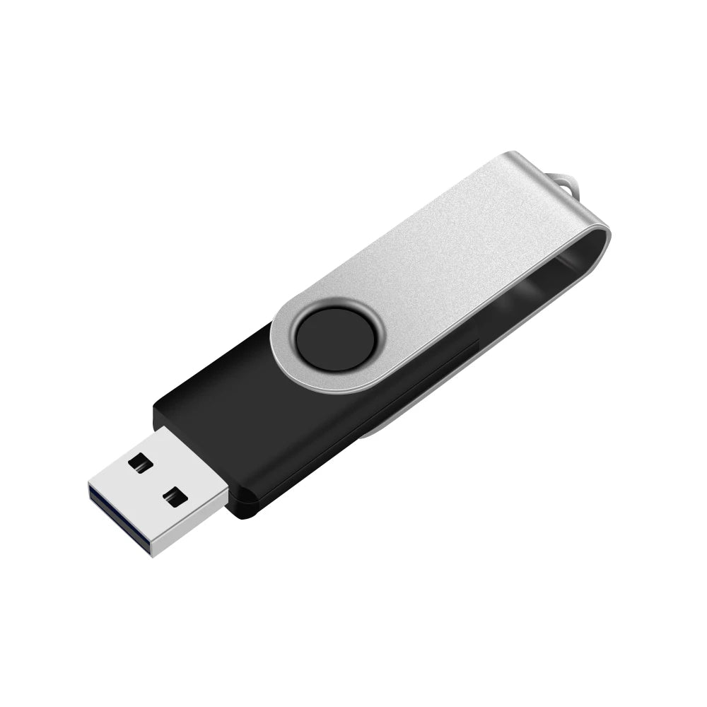 A silver and black rotatable USB flash drive with a metal connector.