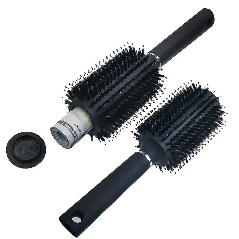 Black hair brush with a hidden compartment and a long handle