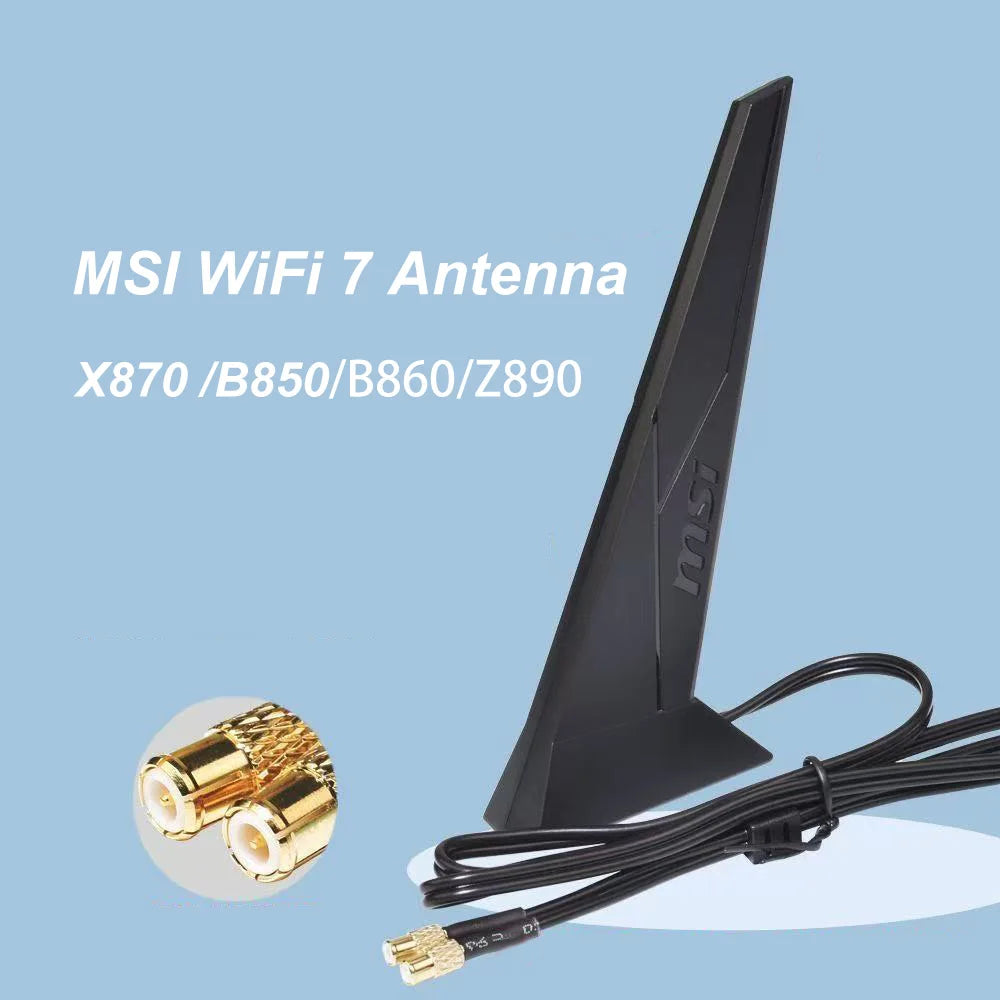 هوائي MSI WiFi 7 أسود مع كابل توصيل بجوار المنتج.