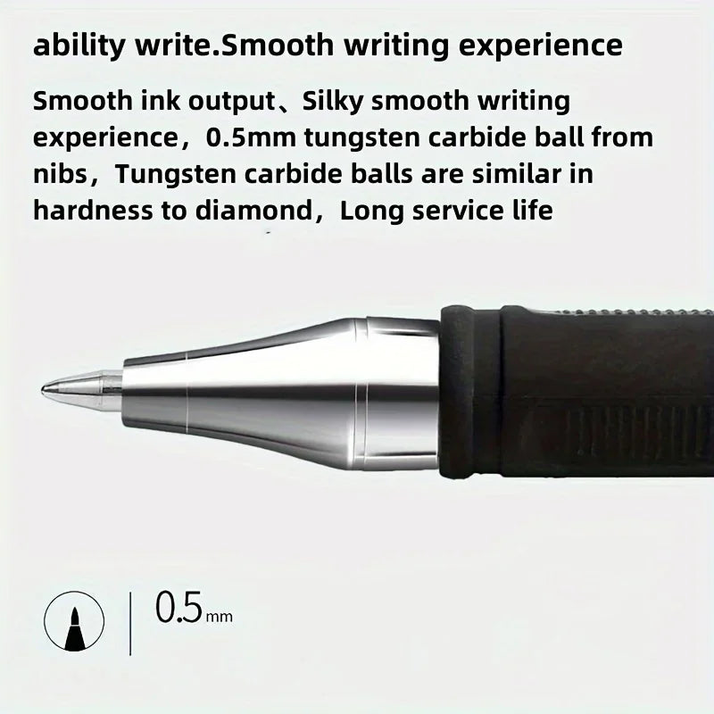 A close-up view of a silver precision gel pen with a black barrel and a 0.5mm tip.