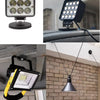 Various views of a magnetic base mount bracket for LED lights, including a panel light and a pendant fixture.