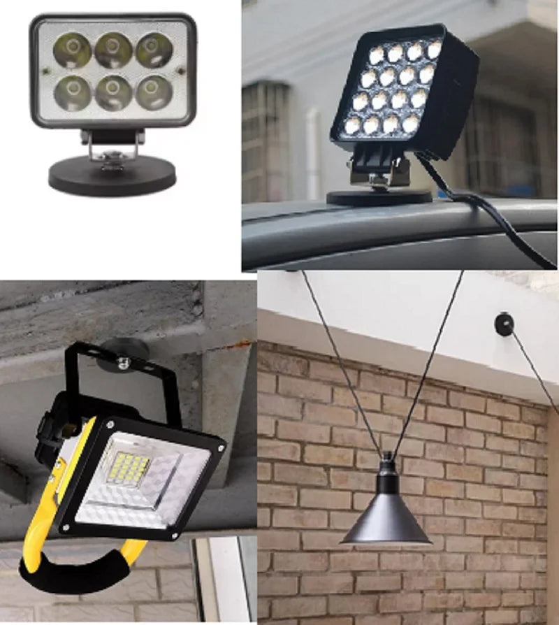 Various views of a magnetic base mount bracket for LED lights, including a panel light and a pendant fixture.