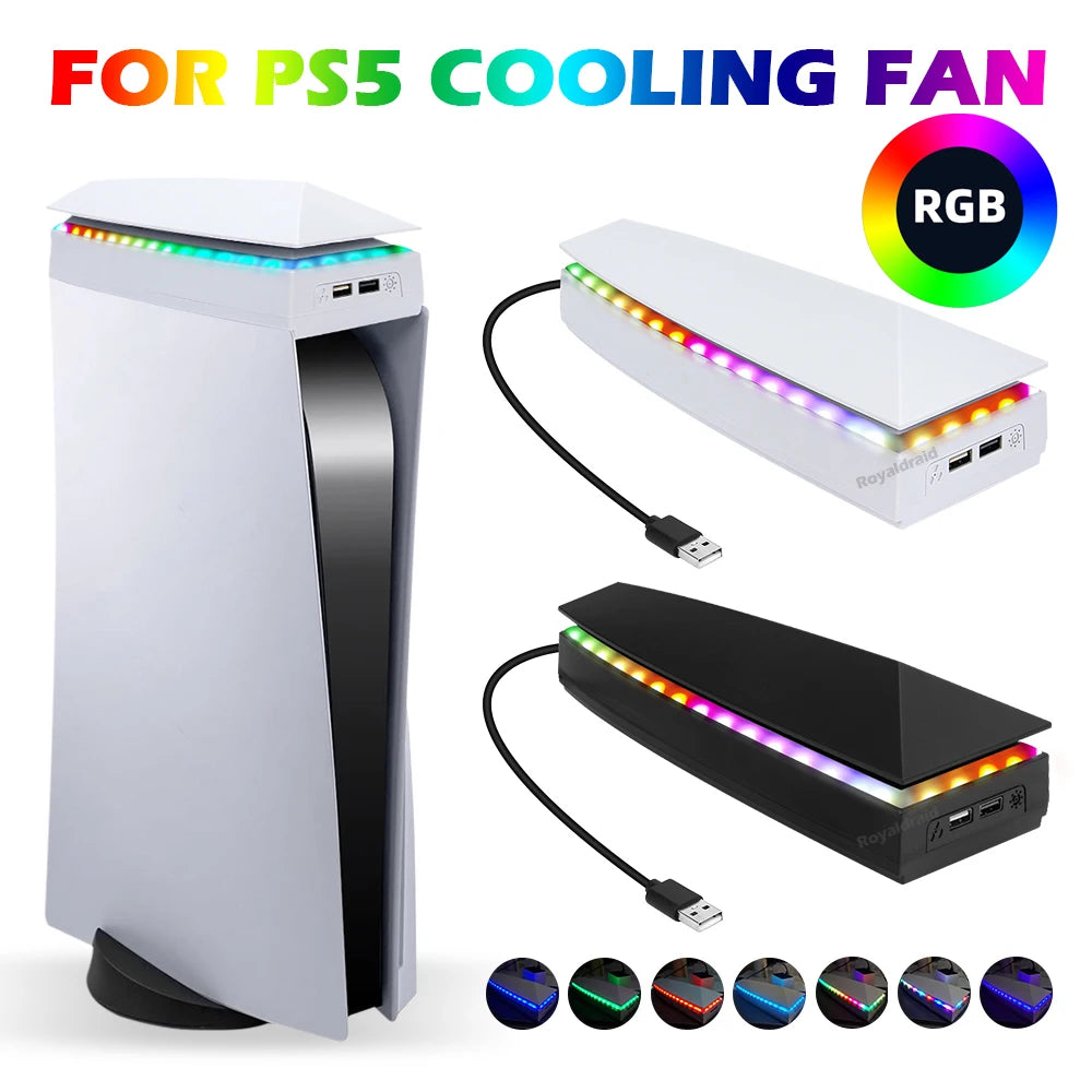 A white PC cooling fan with RGB lighting and a separate fan unit shown in various angles.