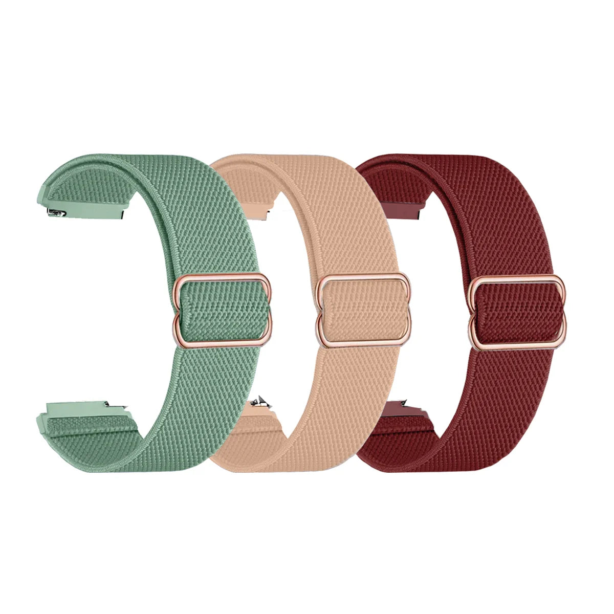 Three colored elastic sports bands for Garmin watches in green, beige, and maroon.