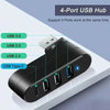 موزع USB أسود بـ 4 منافذ (USB 3.0، USB 2.0، و USB Type-C) على سطح أبيض.