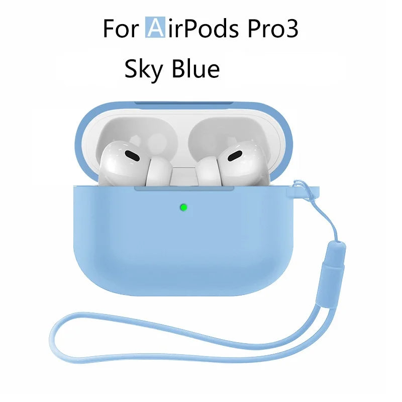 A light blue silicone protective case with a cable for AirPods Pro 3