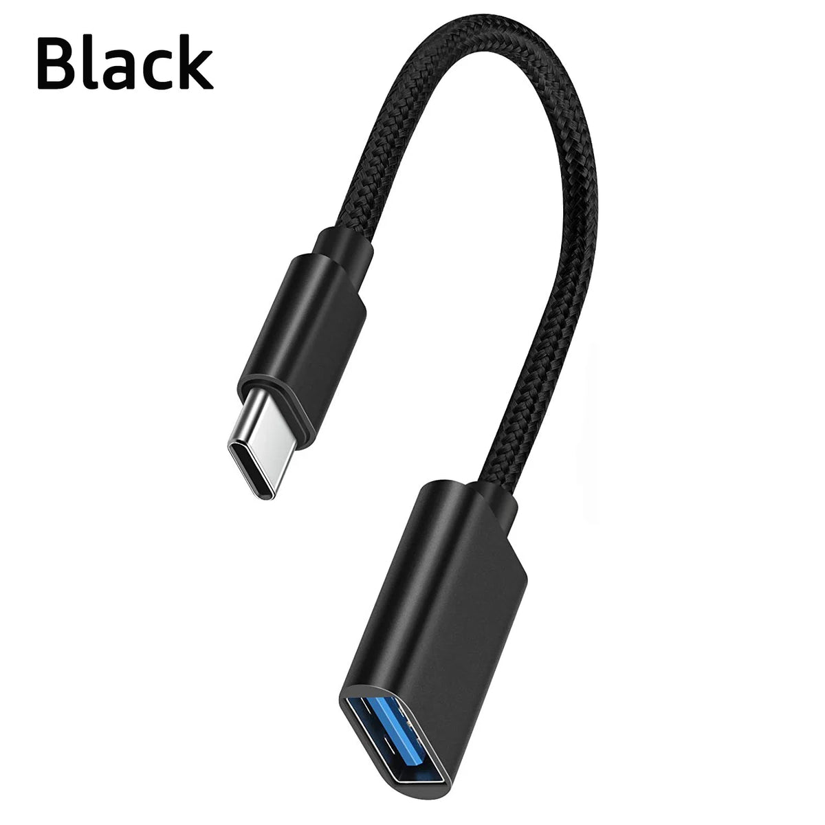 Black USB-C to USB-A OTG adapter cable with a detachable connector.