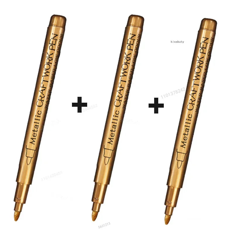 Three metallic craft brush marker pens shown vertically with a black plus sign indicating a set.