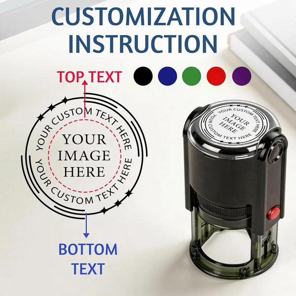 Customization instruction guide showing where to place text and image on a self-inking stamp