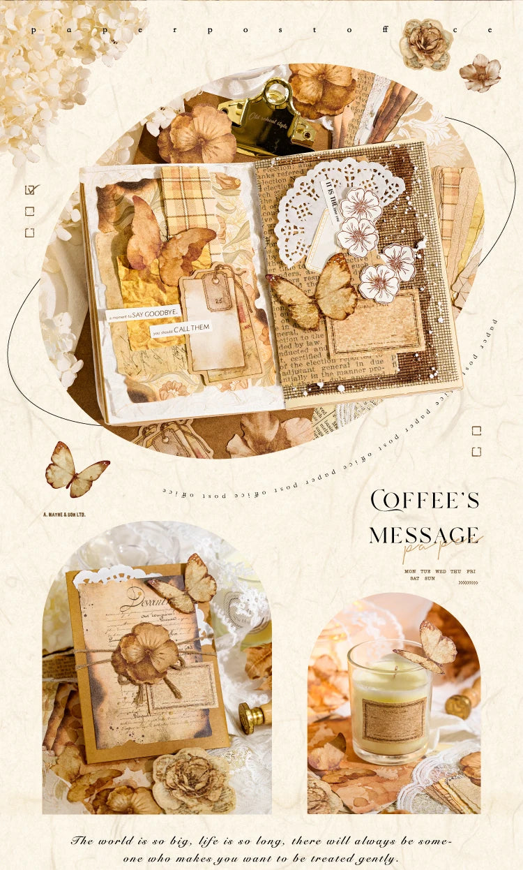 A vintage paper craft kit featuring layered papers, dried flowers, and natural elements for scrapbooking.