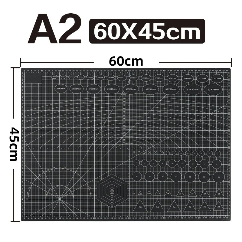 A technical drawing showing the dimensions of an A2 size cutting mat, 60cm by 45cm.