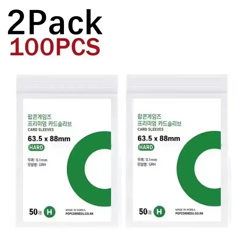 A pack of two transparent protective card sleeves, labeled 2Pack 100PCS.