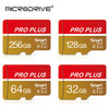 Four MicroDrive PRO PLUS memory cards in red and gold packaging with capacities of 256GB, 128GB, 64GB, and 32GB.