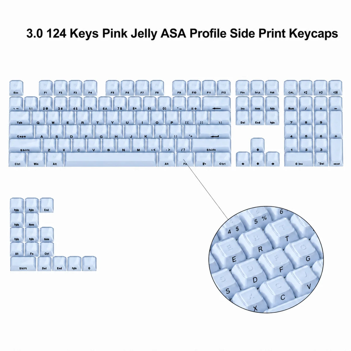 A close-up view of 124 pink jelly ASA profile side print keycaps for a mechanical keyboard.
