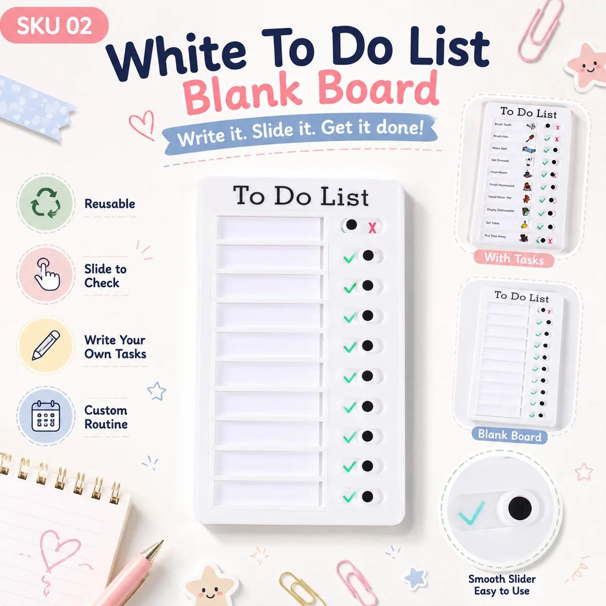 A white to do list blank board with sections for tasks and a pencil, showing how to write and slide tasks.