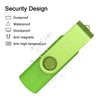 A lime green flash drive with a metal body, featuring various security designs like dustproof and waterproof.