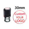 A black self-inking stamp with a clear cylinder, labeled 30mm, ready for custom logo printing.