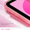 A close-up of a pink glittery protective stand cover for an iPad, showing the screen and side profile.