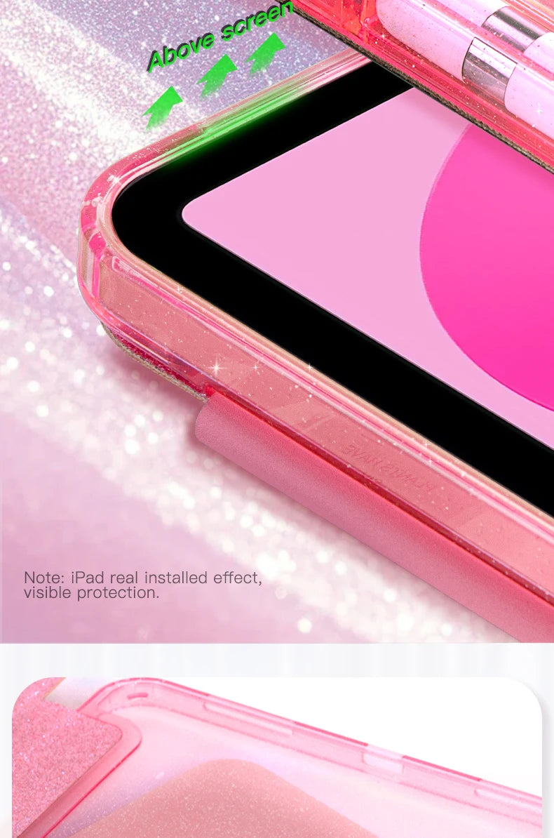 A close-up of a pink glittery protective stand cover for an iPad, showing the screen and side profile.