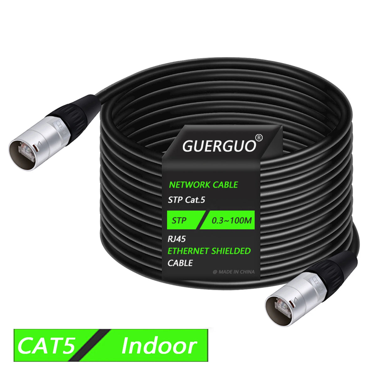 Black shielded network cable with connectors, suitable for indoor Ethernet connections.